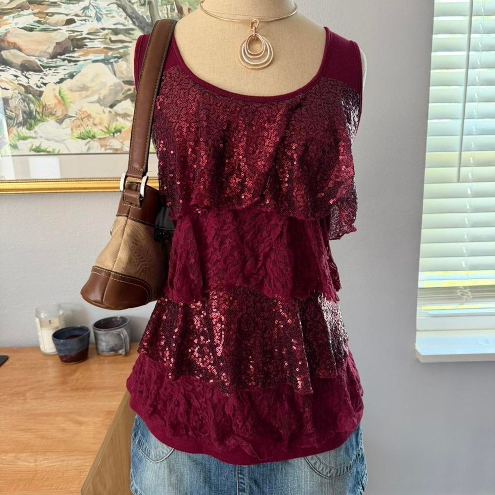 Vanity Y2K Burgundy Sequin Lace Tiered Ruffle Tank Top XL Burgundy Red